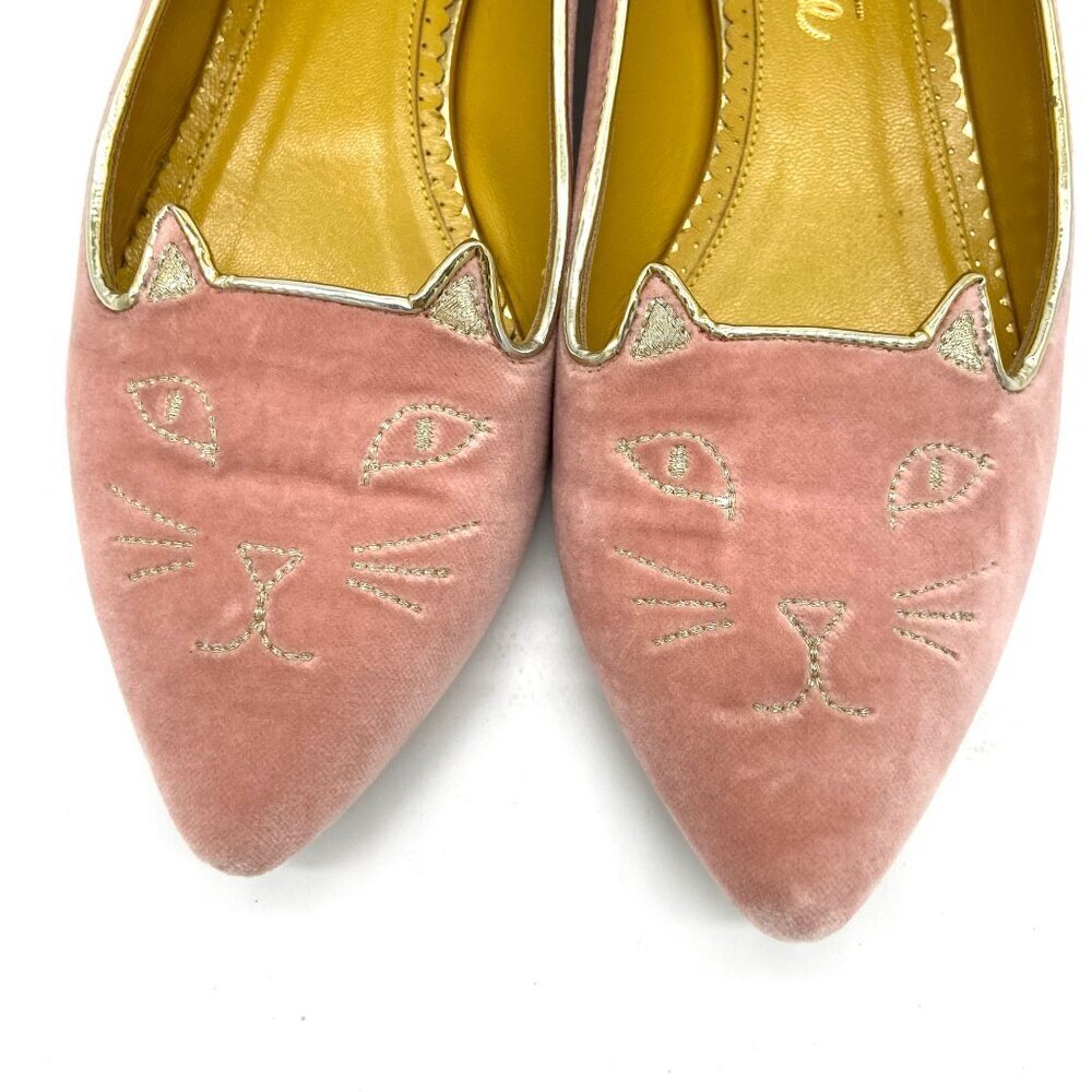 Charlotte Olympia Mid Century Kitty Cat Pink Velvet Pointed Flat EU 36 US 5.5-6 - Picture 6 of 12